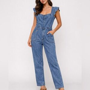 We The Free Free People Denim Tie Front Ruffle Sleeve Wide Leg Jumpsuit Size S